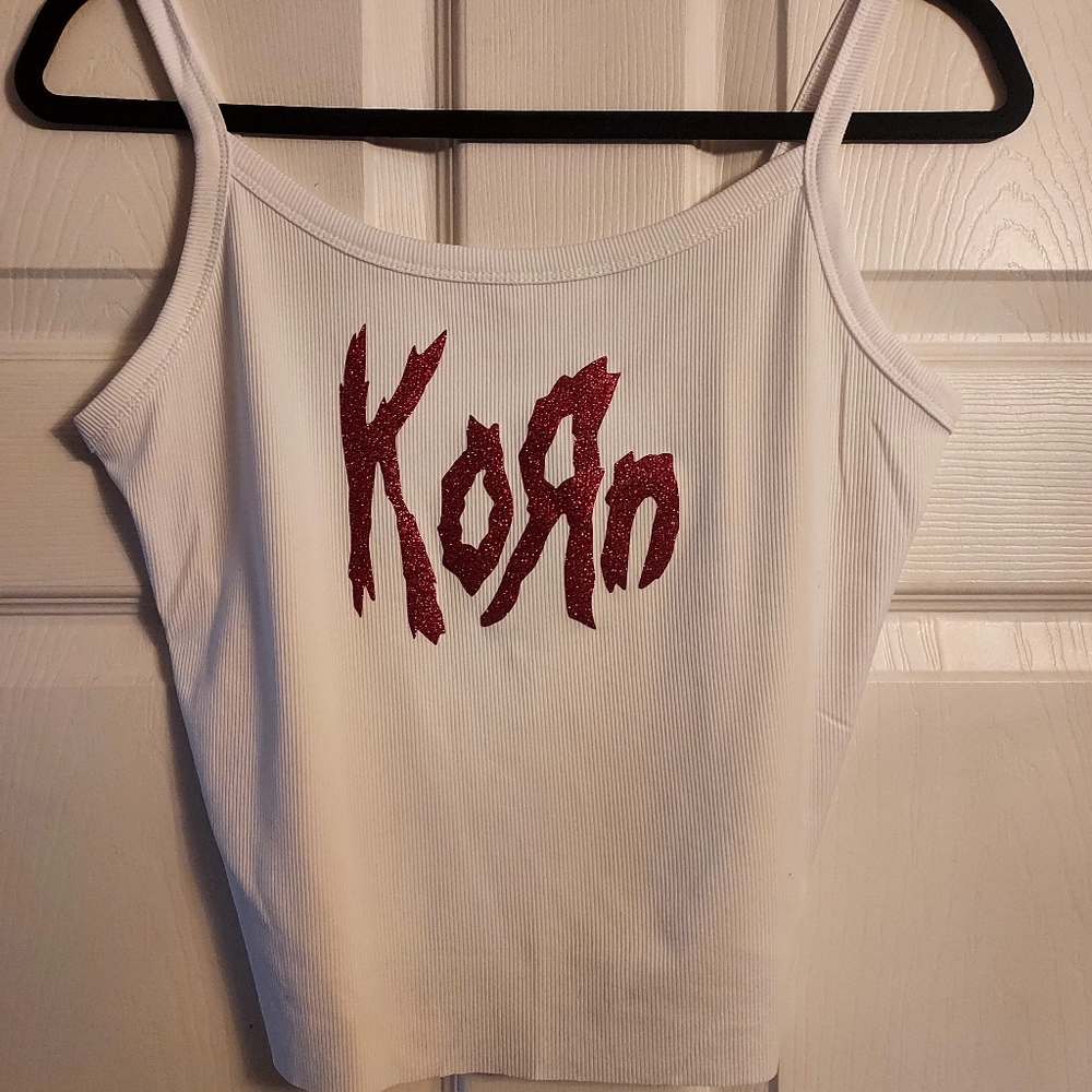 White Korn crop top red glitter korn tank top ribbed hand cropped korn shirt